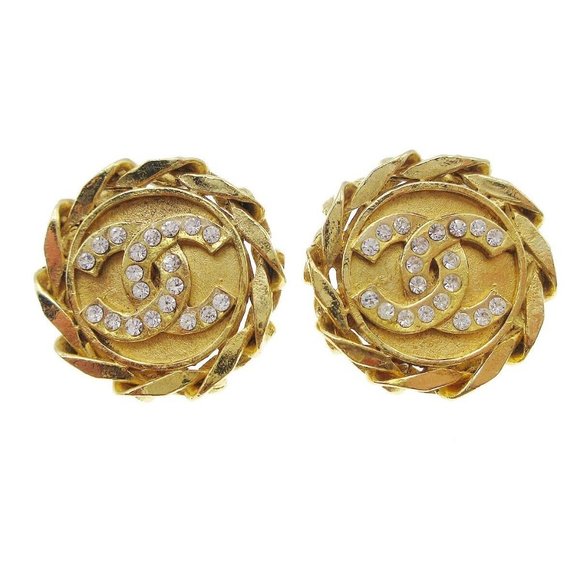 Chanel CC Logos Button Motif Rhinestone Earrings Clip-On 23 Gold - Picture 1 of 4